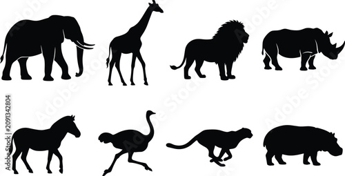 Foto Collection of African safari animal silhouettes including elephant giraffe lion