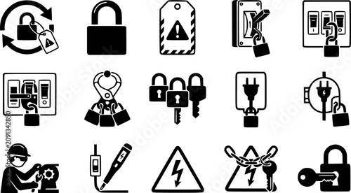 Set of black lockout tagout (LOTO) icons showing electrical safety procedures, padlocks, warning signs, and maintenance. Perfect for industrial workplace safety manuals and training guides