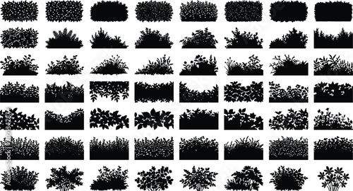 Foto Collection of black silhouette bushes, hedges, and grass borders for landscape d