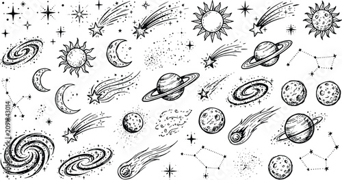 Obraz na plátně Collection of hand-drawn celestial doodles including planets stars moons and gal