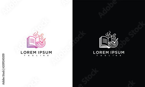 Creative Book and Steaming Cooking Pot Line Art Logo Design