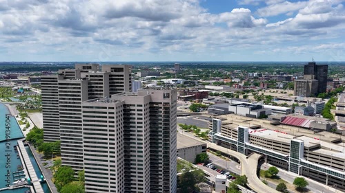 Aerial footage of Skyscrapers and office buildings in the skyline in Detroit Michigan USA