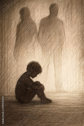 Pencil drawing depicting a sad child sitting alone, shadowed by faint parental figures, evoking feelings of loneliness, neglect, and family issues