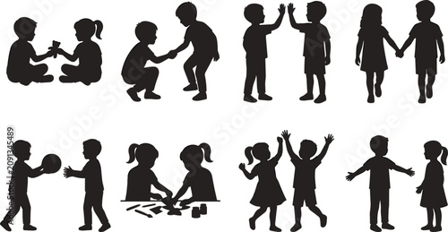 Collection of kids friendship and social skills silhouettes featuring children sharing helping giving high five and playing together isolated on white background
