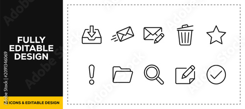 flat vector illustration line art icon bundle set design illustrating digital communication mail messaging email boxes and trash deletion actions graphics for web apps UI