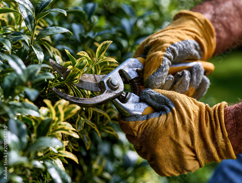 Close-up of gloved hands using pruning shears to trim green branches from a shrub in the garden during pruning season. Concept of gardening, landscape maintenance, and plant care.