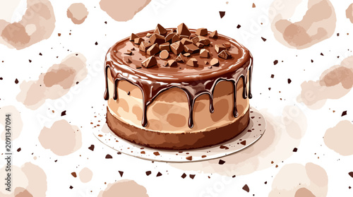Delicious Chocolate Cake Watercolor Print with Creamy Frosting Details