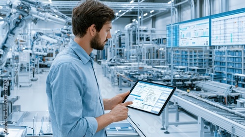 Real-time MRP dashboard on a modern manufacturing floor showing inventory and production planning