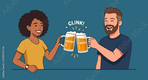 International Beer Day Illustration With Diverse Happy Friends Clinking Glass Mugs