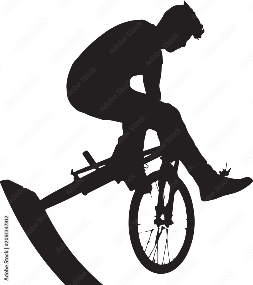 Obraz premium Silhouette of a young man performing a trick on a bmx bike, showcasing extreme sports, urban lifestyle, and athletic skill in a dynamic pose