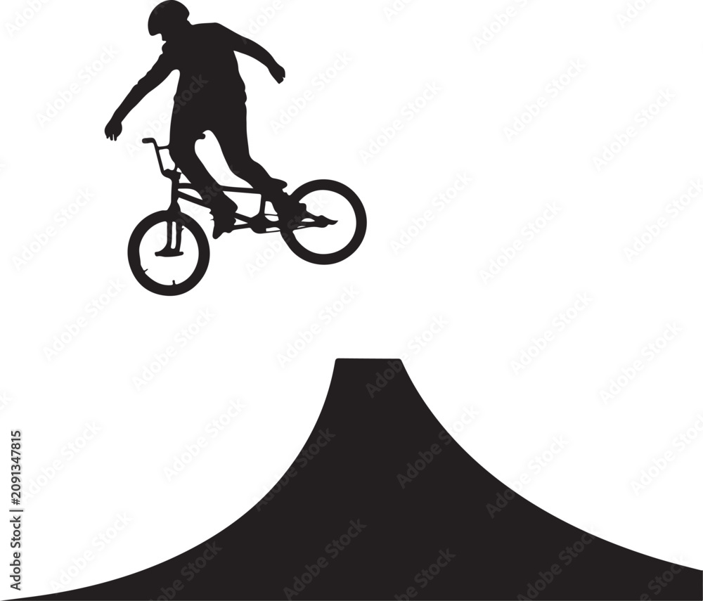 Obraz premium Silhouette of a bmx rider performing a high jump trick over a ramp, extreme sports bicycle stunt concept