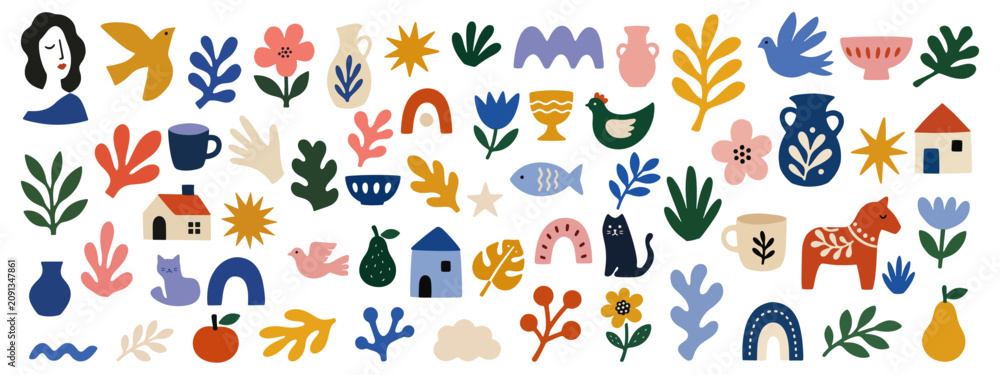 Obraz premium Scandinavian folk art and Matisse inspired vector elements set. Abstract botanical shapes, organic naive silhouettes, flowers, birds, lifestyle icons for modern design