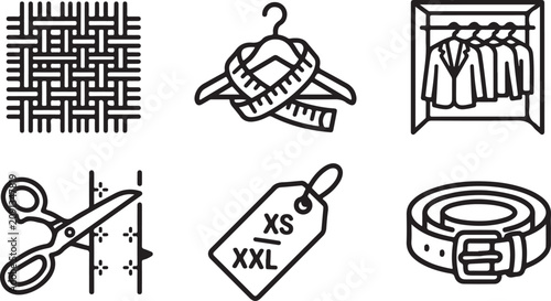 Set of black and white fashion and clothing industry icons including fabric scissors and hangers