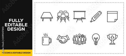 flat vector illustration line art icon bundle set design displaying business meetings office workspace corporate team collaborations and professional settings graphics UI