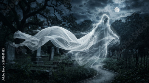 Spooky translucent female ghost floating over an old graveyard at night with ruins and crescent moon