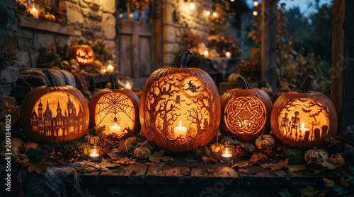 Row of intricately carved jack-o-lanterns with various designs glowing on a rustic wooden porch