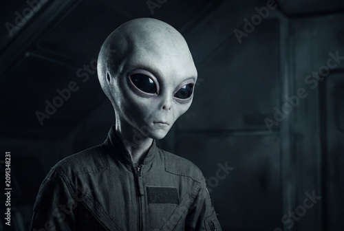 A close-up, atmospheric portrait of a classic gray alien, with its iconic large black eyes and pale skin, set against a dimly lit, enigmatic background.