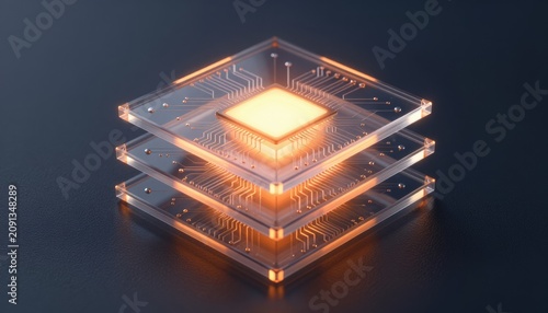 Abstract digital chip with luminous circuits, symbolizing advanced technology