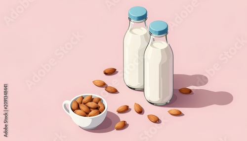 Almond milk bottles and scattered almonds on pastel pink surface