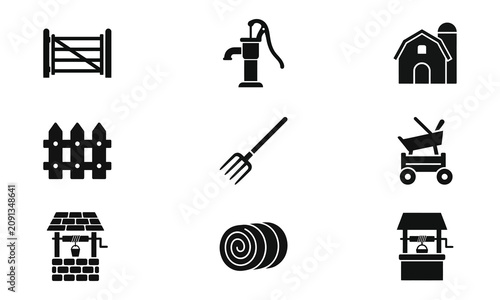 Collection of Black Line Farm Equipment and Building Icons on White Background