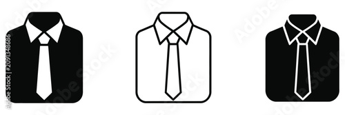 Business shirt icons with various tie designs in black and white, representing professional attire, corporate fashion, office uniforms, and formal business style.