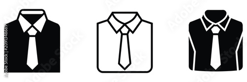 Business shirt icons with ties in different styles, black and white professional clothing symbols for office, corporate, and formal wear designs.