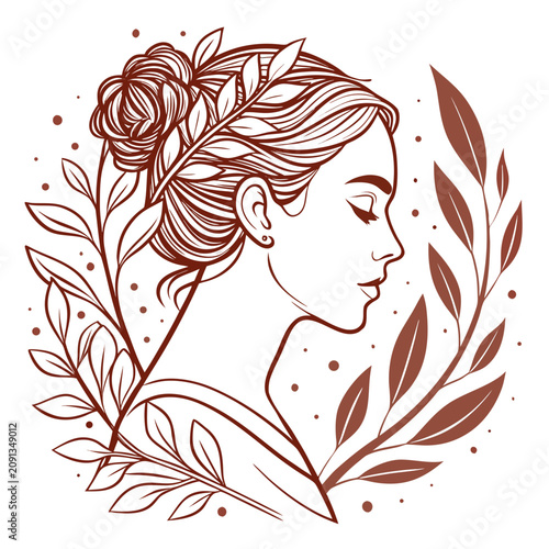 Foto Elegant woman profile illustration with floral leaf wreath portrait feminine ill