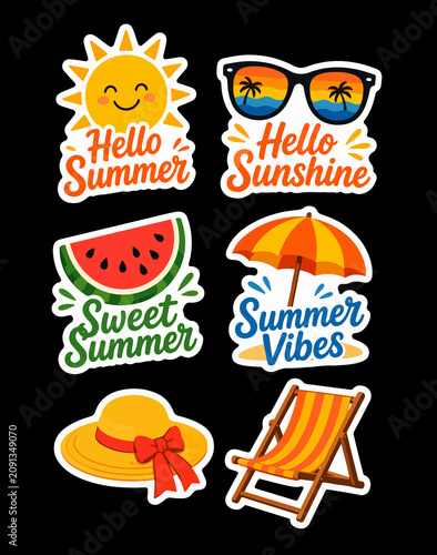 Vintage Fast Food Icon Vector Set with Pizza Drink Menu Labels and Summer Beach Items Collection Cartoon Stickers Banners Restaurant Signs and Travel Symbols Illustration