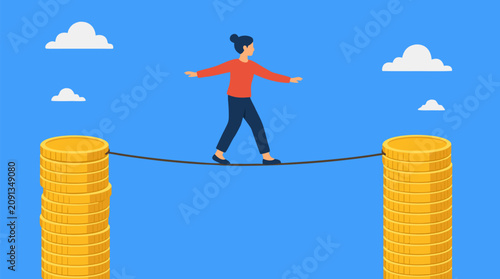 Woman balancing on a tightrope between towering stacks of gold coins, financial risk metaphor for savings, investment stability, budget pressure and economic uncertainty vector illustration