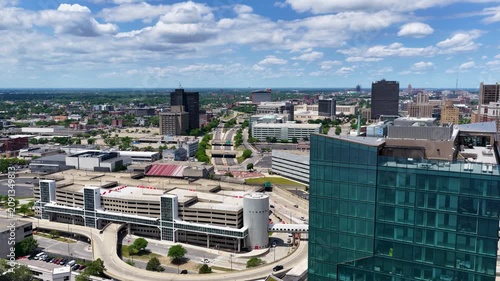 Aerial footage of Skyscrapers and office buildings in the skyline in Detroit Michigan USA