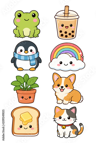 Cute Cartoon Animal Set with Baby Cat Dog Rabbit Bear Cow and Pig Characters Peeking from Flower Pots Vector Illustration Collection for Kids Icons and Fun Design