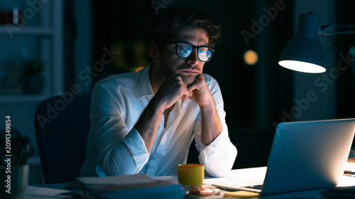 Young entrepreneur feeling isolated while chasing success, one man working in the office at night, stressed work, women stressed, working at night hard, later at home, working late