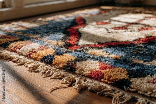 Vibrant Moroccan Berber textile: handloomed wool rug with traditional tribal geometry