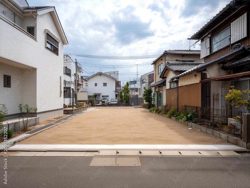 Obraz premium 日本の住宅街において新しく整備された一戸建て建設予定の更地と周囲の家