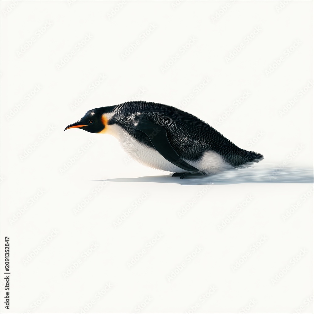 Obraz premium Lifelike penguin gliding across a clean white surface in a 3D illustration