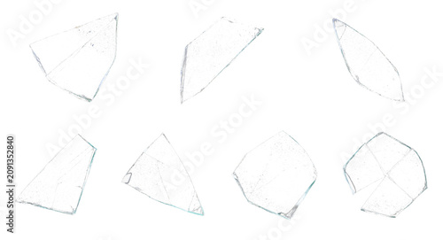 Bild auf Leinwand Broken glass shards collection on white background, sharp transparent glass frag