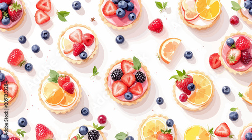Artistic Fruit Tarts Watercolor Surface Design for Textile Printing