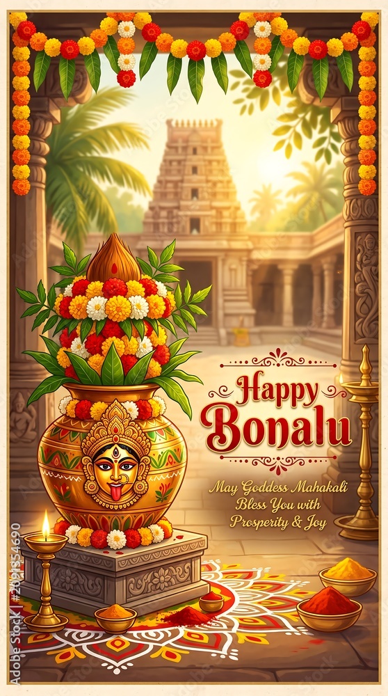 Fototapeta premium Happy Bonalu - Goddess Face Kalasam - Traditional Greeting Card