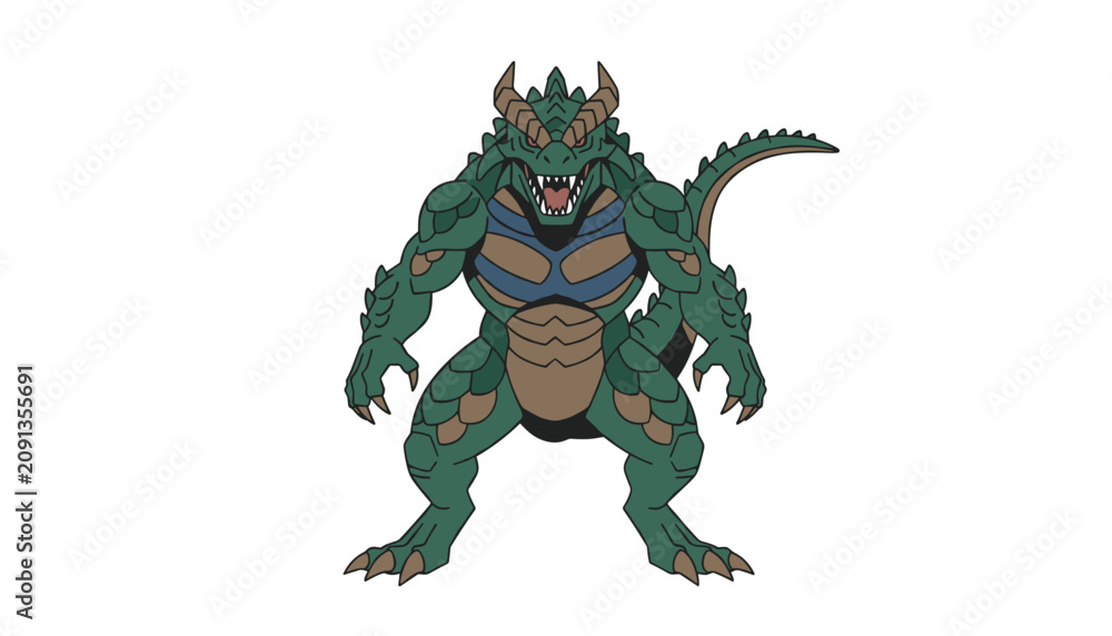 Fototapeta premium Ferocious green dragon standing on its hind legs with sharp claws, jagged horns, and a muscular physique ready for a mythical battle scene.