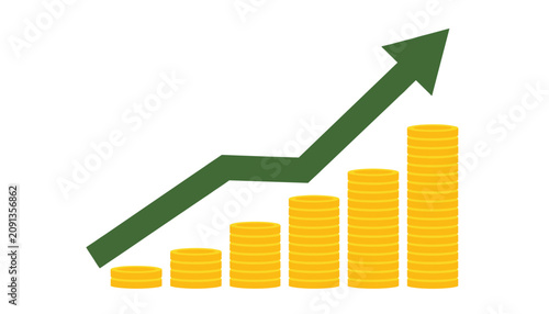 Gold coin stacks arranged in increasing order beneath a sharp upward trend arrow indicating financial gains and economic prosperity.