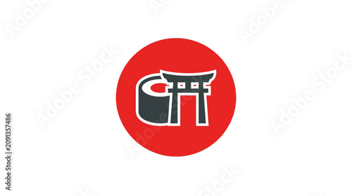Minimalist Japanese Sushi and Torii Gate Icon on Red Circle