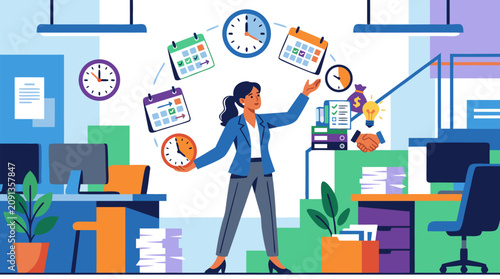 Confident manager multitasking in colorful modern office, juggling clocks and calendars with charts, documents, handshake, money, and lightbulb icons, illustrating priority planning and efficient