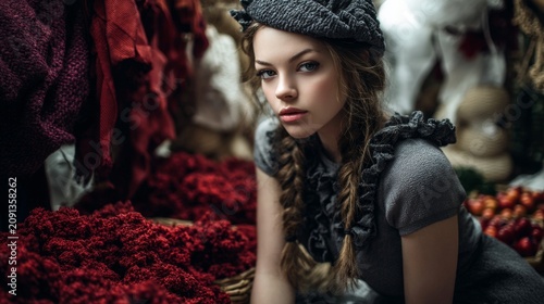 Fashion Portrait of Young Woman in Rustic Market Setting