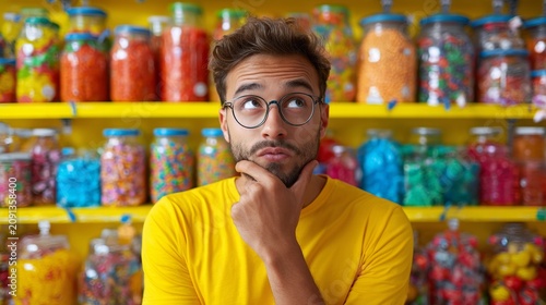Thoughtful Man Standing in Front of Colorful Candy Jars