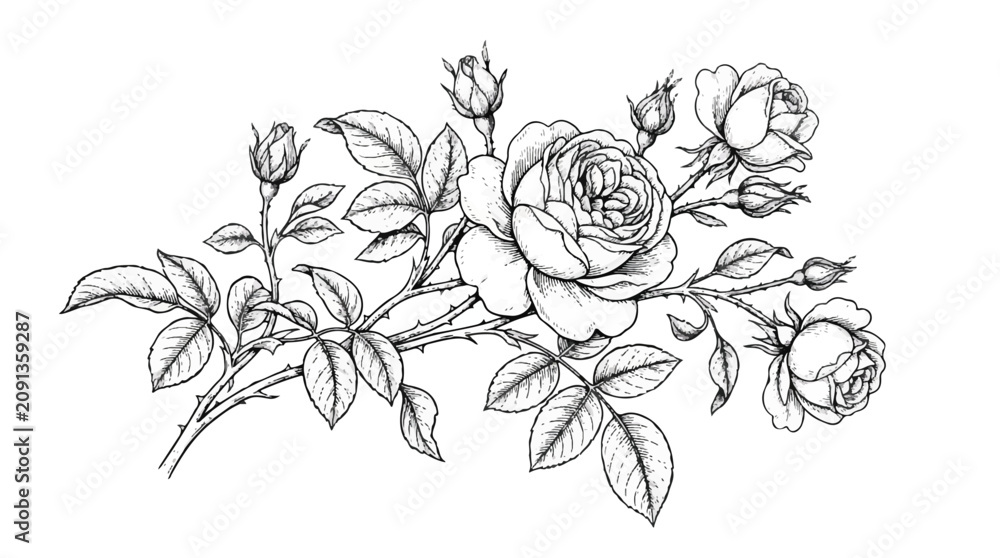 Fototapeta premium Hand-drawn black and white rose branch with buds and leaves.