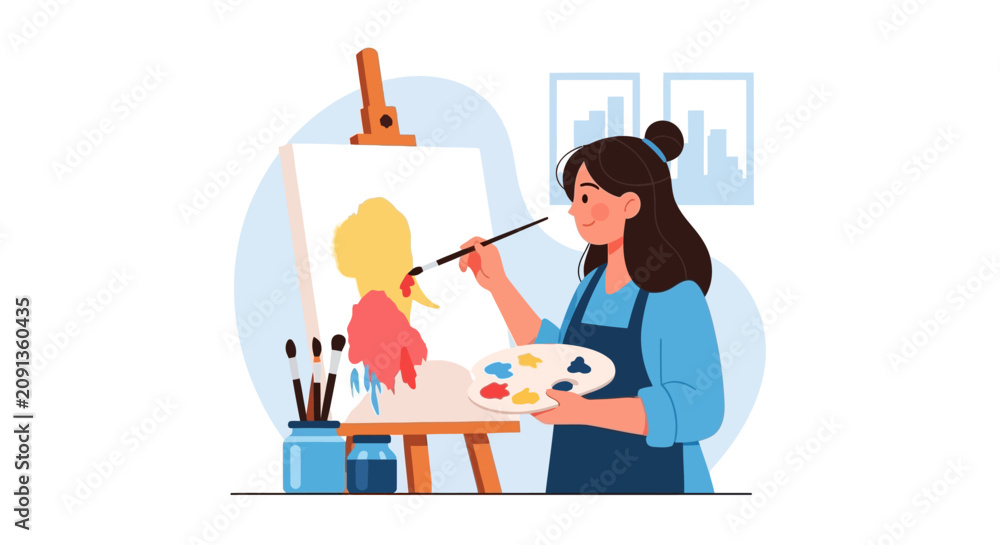 Fototapeta premium Creative Young Woman Artist Painting on Canvas in Studio Illustration - Female Painter with Palette and Brush Flat Vector Concept