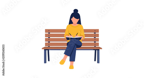 Flat Vector Illustration of a Woman Sitting on a Wooden Bench Writing in a Journal or Planner