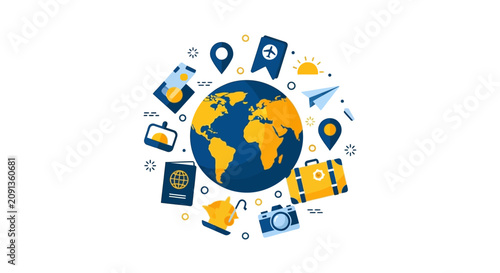 Global Travel and Tourism Concept Illustration with World Globe and Vacation Icons for Adventure and Holiday Planning