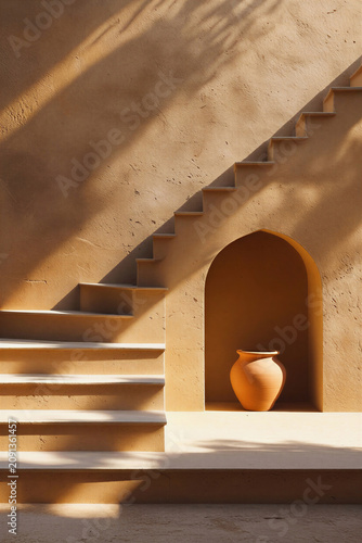 Abstract architectural background with terracotta vase, stairs and geometric shadows
