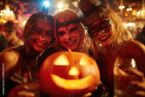 Happy women friends in costumes a holding pumpkin together celebrating Halloween party.